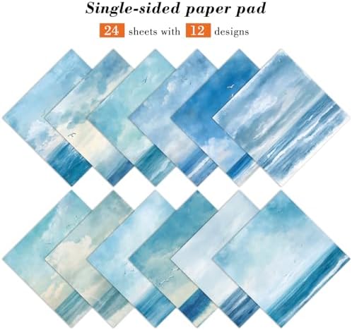 Blue Sea Scrapbooking Paper Pad - 24 Sheets 6-inch Aesthetic Patterned Decorative Collage Decoupage for Wrapping Folded Cardstock Supplies Gift Cardstock DIY Crafts Scrapbook Photo Album