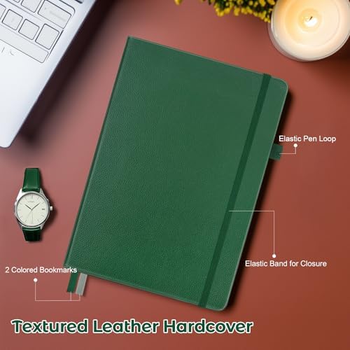 MALEDEN Notebook, A5 Hardcover Leather Notebook for Work, Notebook Journal for Women, Men, 192 Thick Paper, Large Notebook with Pockets, Professional Business Notebook (College Ruled, Green)