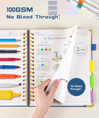Hardcover Spiral Notebook 8.5"x11" Journal with Removable Dividers Tabs, 300 Pages Leather 5 Subject Notebook College Ruled, Large Notebooks for Work School, Lined Journal for Women, A4 Light Blue
