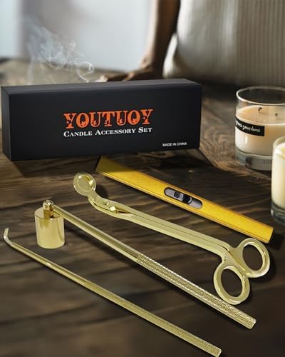 YOUTUOY 4 in1 Candle Accessory Set with Rechargeable Candle Lighter, Candle Wick Trimmer, Candle Wick Snuffer, Candle Wick Dipper, Candle Care Kit (Gold)