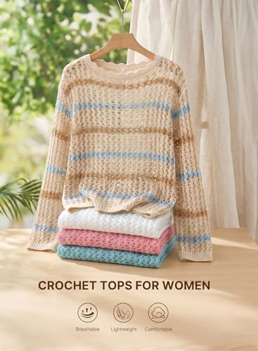 EVALESS Crochet Tops for Women Long Sleeve Hollow Out Knit Sweaters