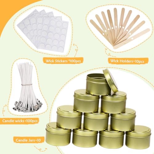 Blingfun 10 Packs 4 oz Candle Tins kit, Candle Making Tins, Candle Jars, 100pcs Candle Wicks, 100pcs Wick Stickers, Candle Containers for Making Candles (Golden)