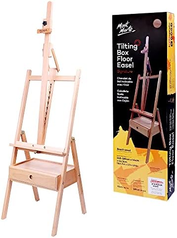 Mont Marte Signature Tilting Box Floor Easel Beech Wood, Holds Canvases up to 92cm (36.2in) in Height, Angle Adjustment, Sturdy Base, Built-in Drawers for Art Supplies, Artist Painting Easel.