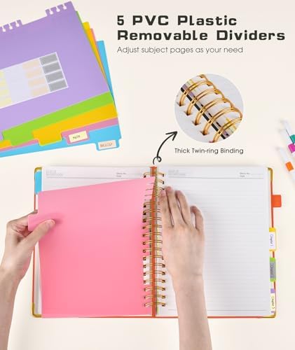 Hardcover Spiral Notebook Journal with Removable Dividers Tabs, 300 Pages Leather 5 Subject Notebook College Ruled, 8"x10" Large Notebooks for Work School Note taking, Lined Journal for Women, Orange