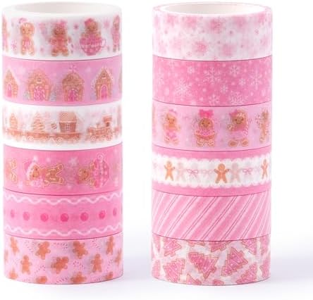 Pink Gingerbread Washi Tape - 12 Rolls Easy Tear Christmas Holiday Themed Tapes with Gingerbread Man & Snowflake Designs for Journal Decor, Gift Wrapping, Scrapbook, DIY Crafts Party Supplies