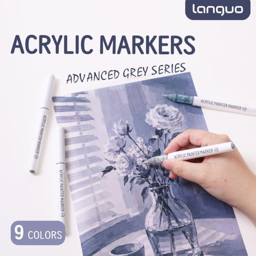 languo Acrylic Paint Markers, 9 Colors Advanced Grey Series, Soft Brush Tip