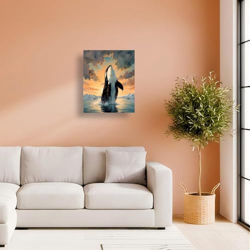 ENTORLAB Orca Whale Paint by Numbers Kit for Adults - DIY Jumping Killer Whale at Sunset Painting on Canvas 8X12IN Framed, Acrylic Paint Set, Suitable for Beginners, Art for Home Decoration or Gifts