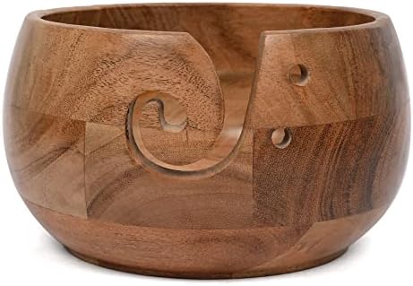 EDHAS Acacia Wood Yarn Bowl Holder | Handmade Holder with Holes | Yarn/Wool/String Storage Accessory (7" x 7" x 4")