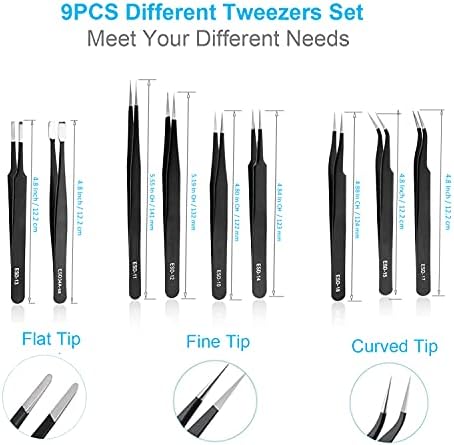 YHYZ 9PCS Precision Tweezers Set, Premium Anti-Static Stainless Steel Precise Tweezers (Fine, Curved, Flat), for Craft, Electronic, Soldering, Model, Hobby, Jewelry Making, Laboratory
