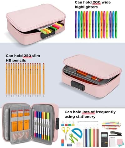 Zannaki Large Capacity Pencil Pouch Case with Lock, Pen Marker Stationery Bag Art Supply Storage Organizer Box for Bullet Journal Middle High School College Student Teen Girl Boy Women Adult, Pink