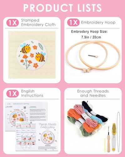 TINDTOP Punch Needle Kits, DIY Punch Embroidery Kits for Adults Beginner, Tool with Punch Needle Fabric, Hoops, Yarns and Sewing Needles (Set E)