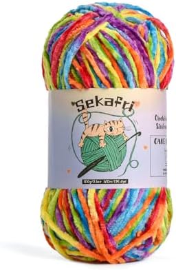 Fuzzy Chenille Yarn for Crocheting, Fluffy Amigurumi Crochet Yarn for DIY Craft/Hat/Shoes, (100g/197yds) Soft Velvet Baby Blanket Yarn（Rainbow）