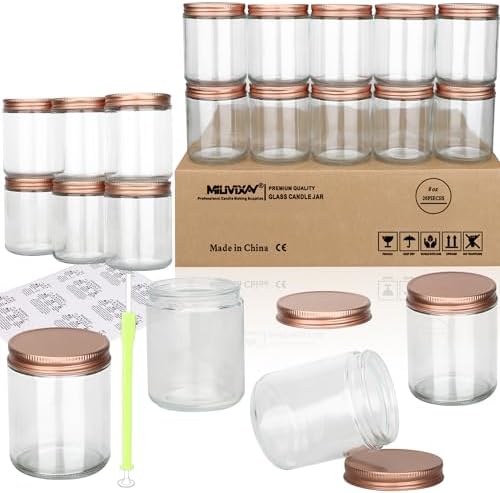 MILIVIXAY 20 Pack 8 OZ Thick Glass Clear Candle Jars with Rose Gold Lids-Bulk Empty Candle Jars for Making Candles-Canning Jar for Spice, Liquid, Sample- Dishwasher Safe.