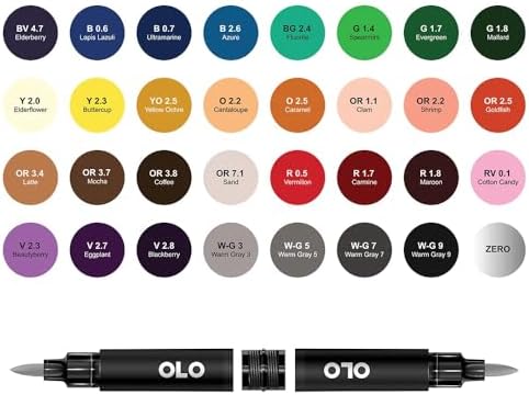 OLO 32pc Basic set 2, Brush Tip Alcohol Markers. Customizable with Innovative Ink Flow. Professional Dual Tip Art Markers for Illustration, Sketching, Drawing, Manga, Paper Craft, Cardmaking