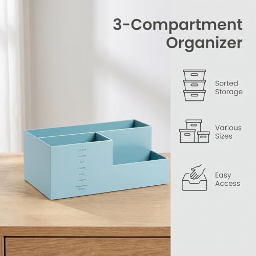 Jekelife Desk Organizer,3 Compartment Desktop Organizer, Multi-Functional Stationery Pen Holder for Office Supplies Blue