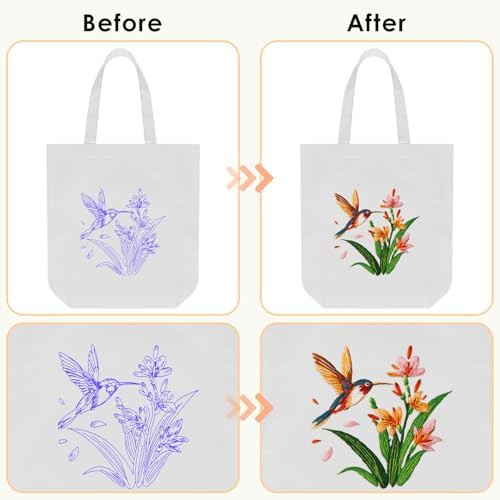 ERKOON Embroidery Canvas Tote Bag for Beginners, Needlepoint Arts Crafts Cross Stitch Kits for Adults Including Stamped Embroidery Bag with Hoops, Needle, Instruction and Color Threads (Hummingbird)