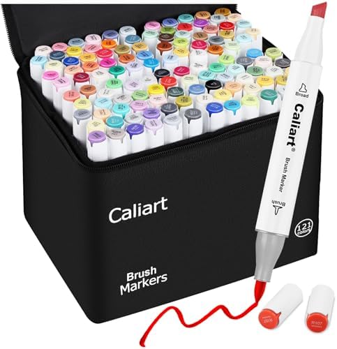 Caliart Alcohol Markers 121 Colors Brush & Chisel Tip Art Markers Pens Set | Permanent Alcohol Brush Markers with Carry Case for Adult Coloring Books Illustration, Artist Drawing & Beginner Sketching