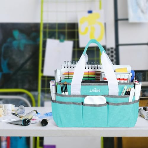 JJRING Craft Organizer Tote Bag Art Storage Caddy Sky Blue | With Multiple Pockets For Sewing, Scrapbooking, School, Medical, And Office Supplies