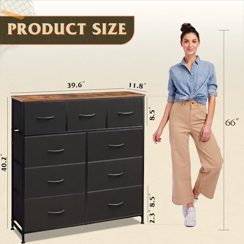 WLIVE Tall Dresser for Bedroom, 9 Drawer Dresser, Black and Rustic Brown | 9 roomy fabric drawers, Tall storage design, Bedroom or closet use, Chest of drawers, Smooth wood tabletop