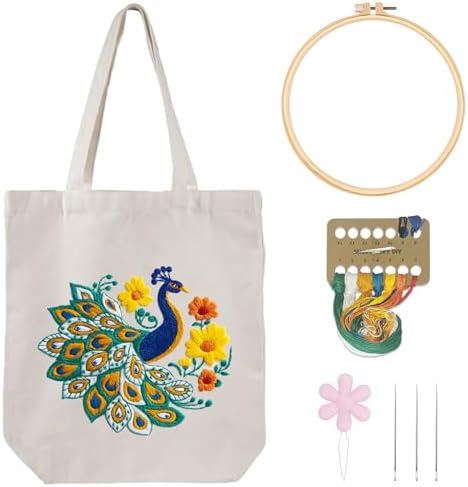 Louise Maelys Peacock Flower Embroidery Kit for Beginners Canvas Tote Bag