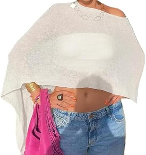 Nicoxijia Women Y2K Sheer Knit Poncho Top Lightweight Summer Beach Knit Shrug Shawl Bolero Off Shoulder Mesh Sweater Cover Up
