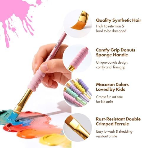 Artify Paint Brushes for Kids, 15-Sizes Paint Brush Set for Kid's Arts and Crafts, Ergonomic Donuts Handle | Macaron Colors Kids Paint Brushes, for Acrylic, Oil, Watercolor, Gouache, Paint by Numbers