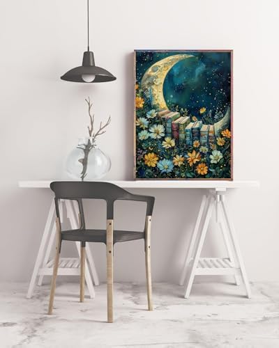 CraftBliss 5D Diamond Painting Kits for Adults, Magical Night Sky Moon and Books, Wildflower Floral Gem Art Kit, Aesthetic Galaxy Wall Decor, Gift for Book Lovers, 12x16 inch (30x40cm)