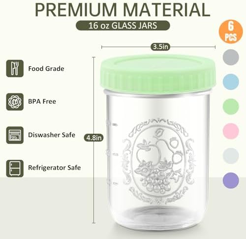 Miuyhji Overnight Oats Containers with Lids, 16 oz Glass Mason Jars, 6 Pack