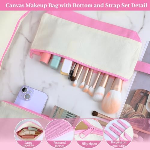Silkfly 15 Pcs Cotton Canvas Makeup Bags Cosmetic Zipper Bags 10.2 x 5.5 x 2'' Blank DIY Pouch Bulk Pencil Case with Bottom Travel Toiletry Pouch for Women Craft Decor Gift (Beige and Pink)