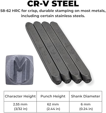 NEIKO 02630A Number and Letter Punch Set with Heat-Treated Steel Punches, Imprinting & Arts and Crafts, 3/32" (2.5MM) Shaft, 36 Pc Stamp Set, Uppercase Letter & Number Punch Set (A-Z / 0-8 / "&")