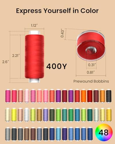 96Pcs Professional Sewing Thread Kit, 48 Colors 400 Yards/Spool, [Top Durability with 4-Ply Tight-Twist] AAA-Grade Polyester Thread with Prewound Bobbins, Sewing Machine Thread for Repair Quilting DIY