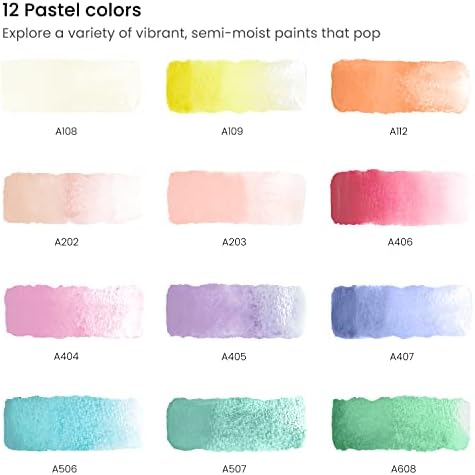 ARTEZA Watercolor Paint Set, 12 Pastel Colors, Half Pans in Travel Tin