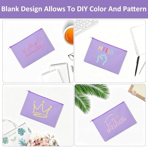 12 Pieces Cotton Canvas Makeup Bag, Multipurpose Cosmetic Bag with Zipper Travel Toiletry Pouch, Blank DIY Craft Bag (Purple, M)