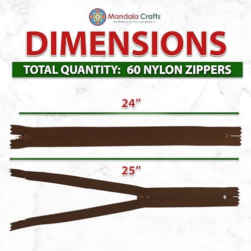 Mandala Crafts 60 PCs Dark Brown Closed-End 24 in Nylon Zippers for Sewing