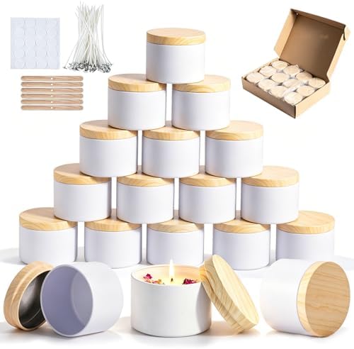 Candle Jars 8 Oz, Iron Empty Candle Tins, Candle Jars for Making Candles, Candle Jars with Lids, Small Tins with Lids, Tins for Candle Making, Small Items, Gift (White Metal Woodgrain Lid, 8oz-12pcs)