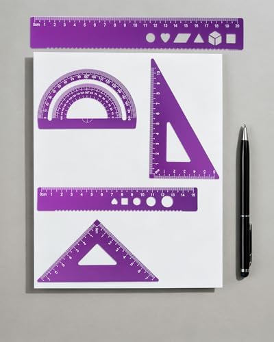 5 Pcs Metal Geometry Set, Math Drafting Ruler Kit- Aluminum Triangle Rulers, Protractor, 8 Inch and 6 Inch Drawing Ruler, Measuring Tool for School and Office Supplies (Purple)