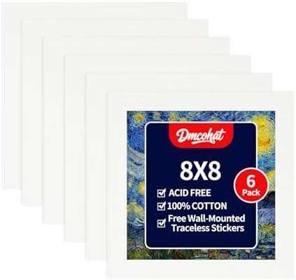 Canvas for Painting - 6 Pack 8x8 Painting Canvas Boards,Free Wall-Mounted Traceless Stickers,Suitable for Painting Supplies, Acrylic, Oil, Watercolor, and Tempera.