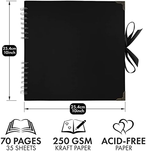 Scrapbook Album, 70 Pages, 10 x 10 Inch, Black Photo Album, Scrap Book | Hardcover with Thick 250 GSM Kraft Paper, Ideal for Your Scrapbooking Albums, Art & Craft Projects (Black, 10 x 10 Inch)