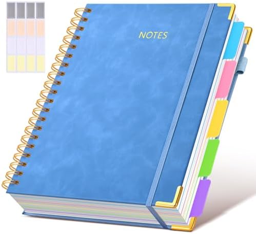 Hardcover Spiral Notebook 8.5"x11" Journal with Removable Dividers Tabs, 300 Pages Leather 5 Subject Notebook College Ruled, Large Notebooks for Work School, Lined Journal for Women, A4 Light Blue
