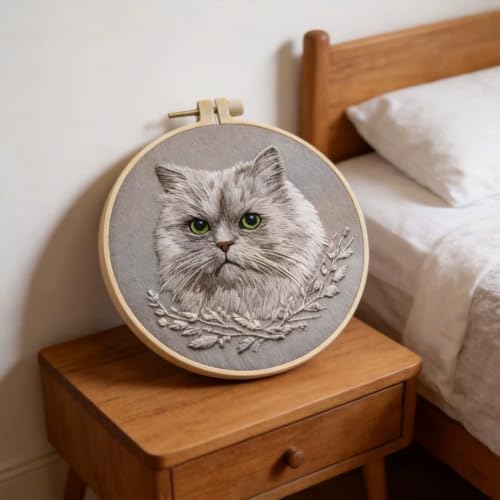 Grey Cat Embroidery Kit for Adults with Tools & Instruction