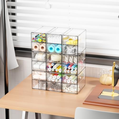 Yieach 9 Pack Small Acrylic Drawers With 18 Drawers,Clear Drawer Organizers Stackable,School,Office Supplies Organizer And Storage Bins for Stationery,Pen,Pencil,Craft,Glasses,Sunglass Organizer Case