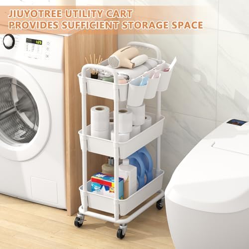 JIUYOTREE 3-Tier Plastic Rolling Storage Cart Utility Cart with Extra Hanging Cups Handles Lockable Wheels for Living Room Bathroom Kitchen Office White