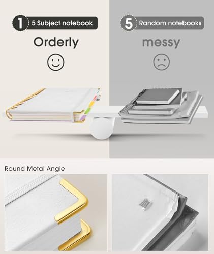 Hardcover Spiral Notebook Journal with Removable Dividers Tabs, 300 Pages Leather 5 Subject Notebook College Ruled, 8"x10" Large Notebooks for Work School Note taking, Lined Journal for Women, White