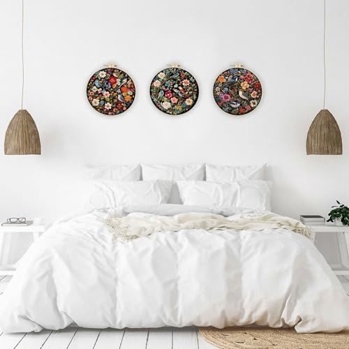 LB Red Floral Embroidery Kit for Beginners Adults, 3 Sets Hand Embroidery Starter Kit with Cute Bird Pattern and Instructions Stamped Cross Stitch Kits Include Embroidery Hoop Needles Threads Scissors
