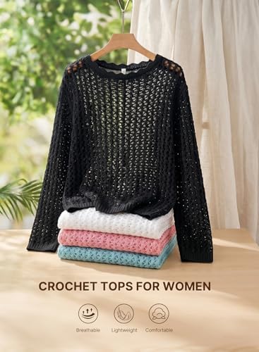EVALESS Crochet Tops for Women Long Sleeve Hollow Out Knit Sweaters