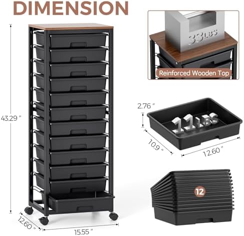 SYKIARIOL Rolling Cart with 12 Drawers,Black