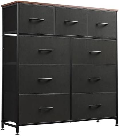 WLIVE Tall Dresser for Bedroom, 9 Drawer Dresser, Black and Rustic Brown | 9 roomy fabric drawers, Tall storage design, Bedroom or closet use, Chest of drawers, Smooth wood tabletop