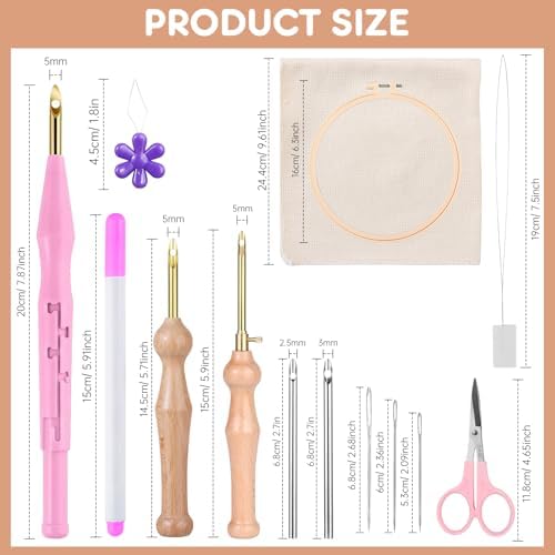 MSDADA 21PC Punch Needle Kit, Adjustable Punch Needle Tool, Wooden Handle Embroidery Pen Kits, Hoops, Cloth, Punch Needle Set Adults Beginner for DIY Craft, Perfect for Decoration and Gifts（Pink）