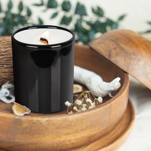 SHOWIN Thick Candle Jars for Making Candles 12 Pcs, 14 OZ Empty Jars with Wood Lids for Candle Making, Sample Container, Glossy Black