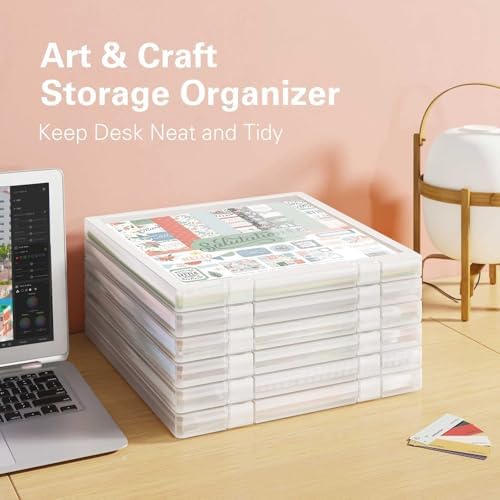 4-Pack Craft Organizers and Storage, Art Supply Organizer with Secure Lid, Clear Stackable Plastic Storage for Puzzle, Board Game, Photo, 12 x12 Paper, Inner Size 12.2" x 12.2" x 0.85"